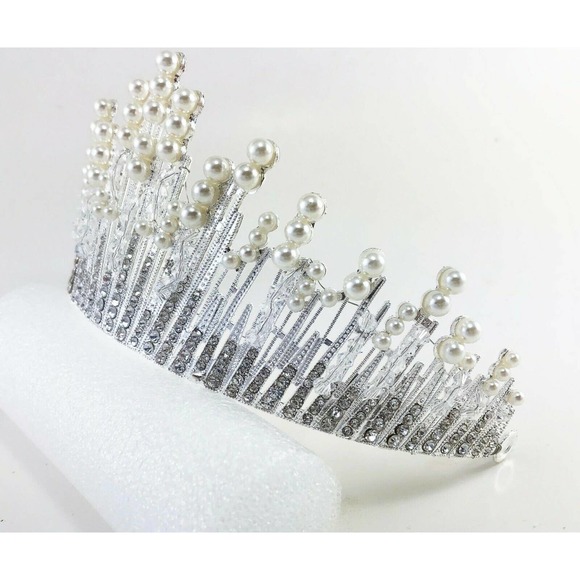 Pearl Bead Clear Silver Tone Metal Tiara Crown Bridal Elegant Rhinestone - Picture 4 of 6